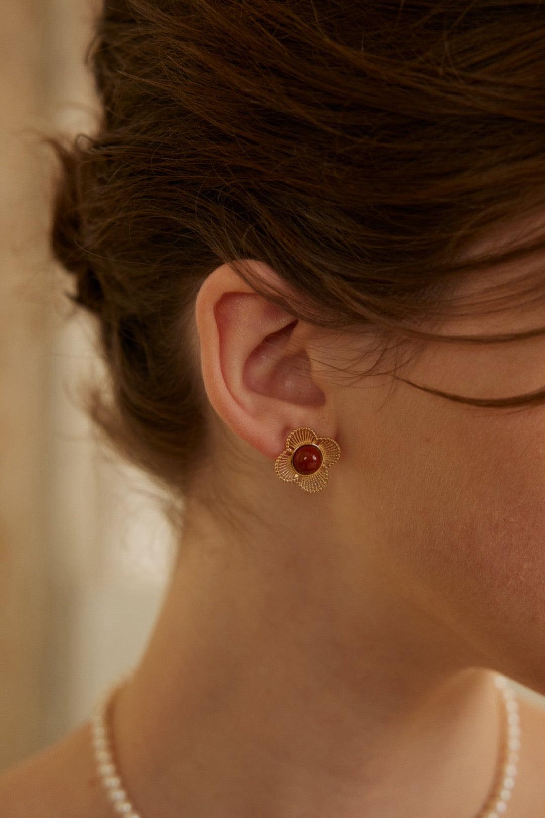 Elys Rouge Vintage – 925 Silver Red Agate Retro Earrings
