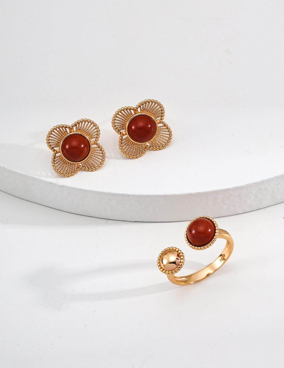 Elys Rouge Vintage – 925 Silver Red Agate Retro Earrings