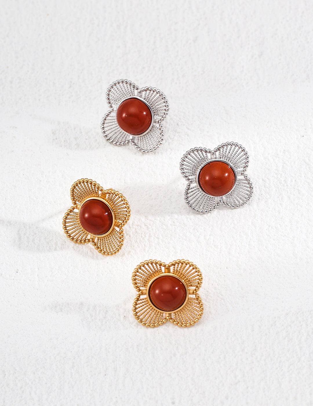 Elys Rouge Vintage – 925 Silver Red Agate Retro Earrings