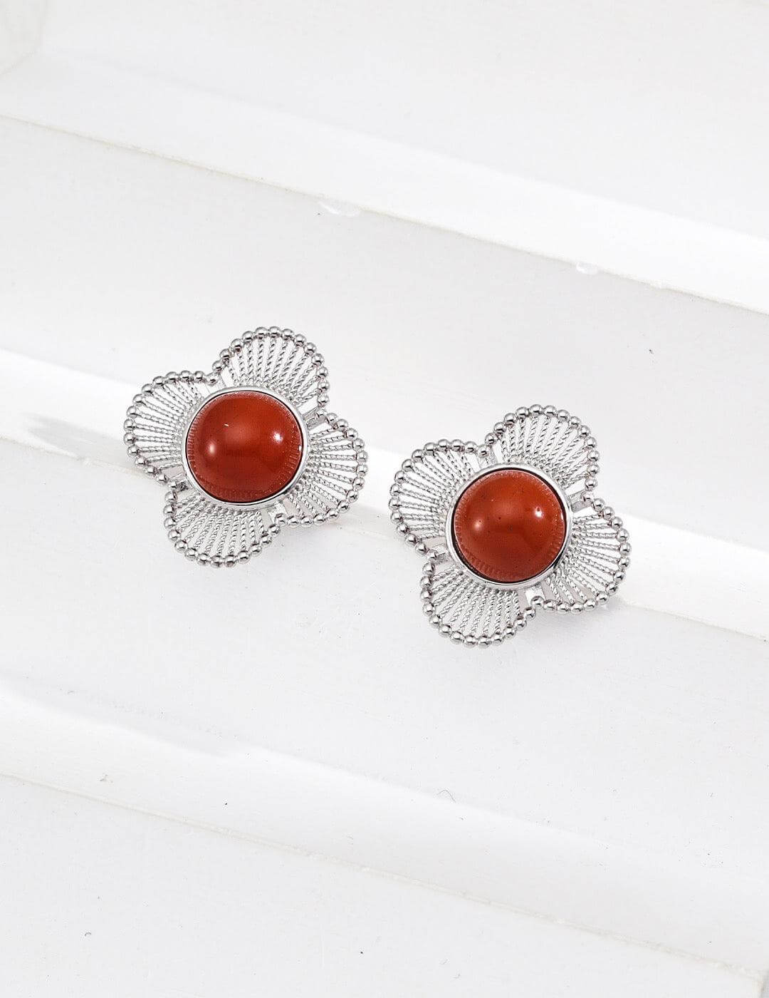 Elys Rouge Vintage – 925 Silver Red Agate Retro Earrings