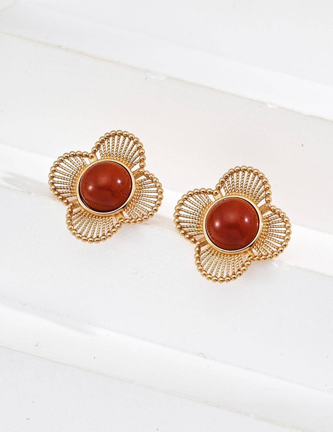 Elys Rouge Vintage – 925 Silver Red Agate Retro Earrings
